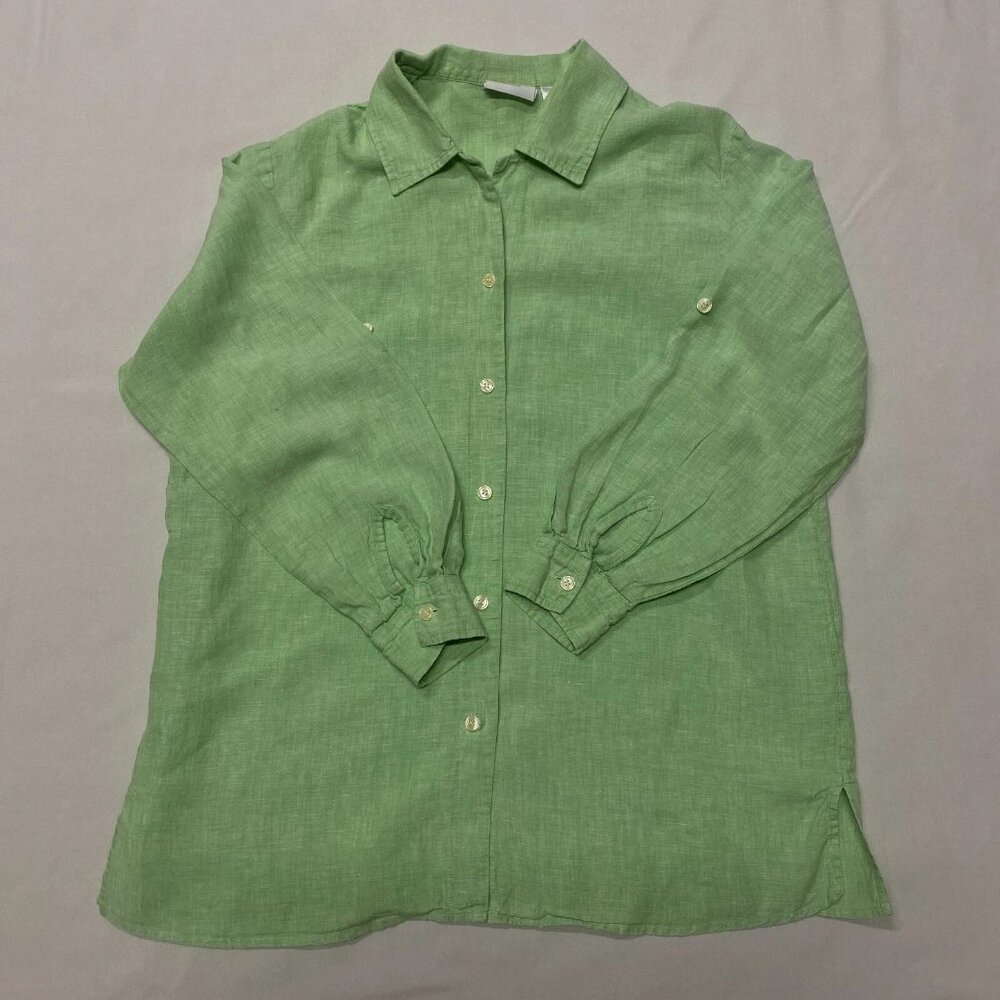 Liz Claiborne‎ Linen Button-Up Shirt Sz 1X Lime Green Long Sleeve Travel Beach